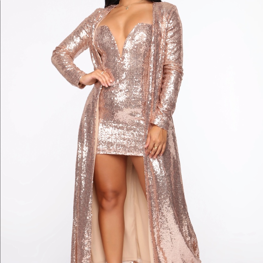 Fashion Nova Dazzled at the Sight of Me Sequin Rose Gold Dress/Duster Jacket Set